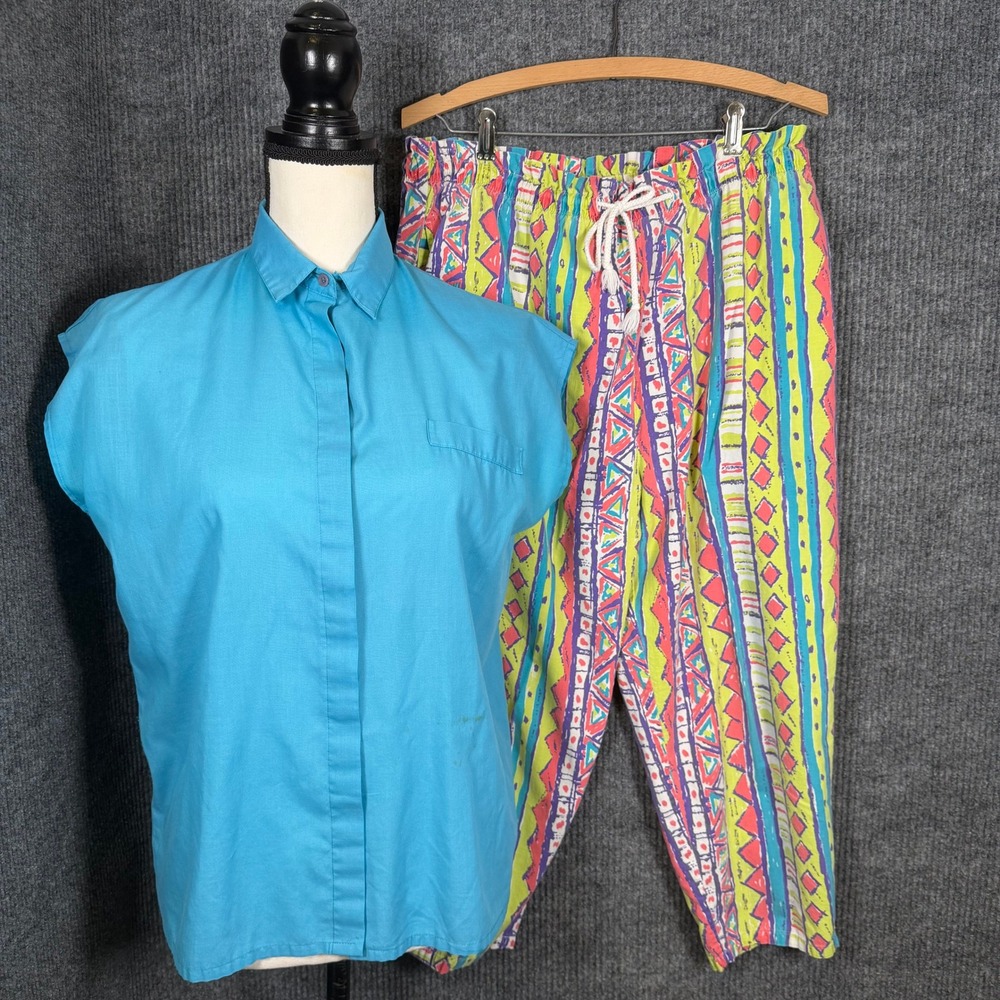 Vintage 80s Pinwheels Pants Set M Neon Geometric High Waist Blouse Two Piece